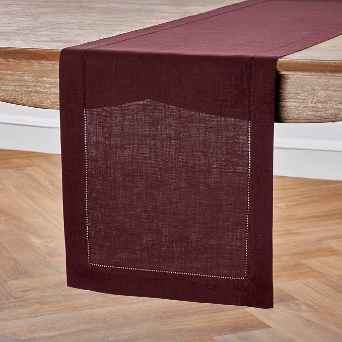 Solino Home 100% Pure Linen Table Runner Burgundy Hemstitch, 14 x 48 in | - Image 2