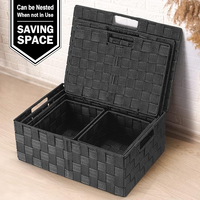 Storage Bins Baskets for Organizing with Lids, Storage Baskets for Shelves Stackable Woven Basket, Gift Small Basket Storage Cubes, Decorative Wicker Basket with Built-in Handles (5 Pack, Black)
