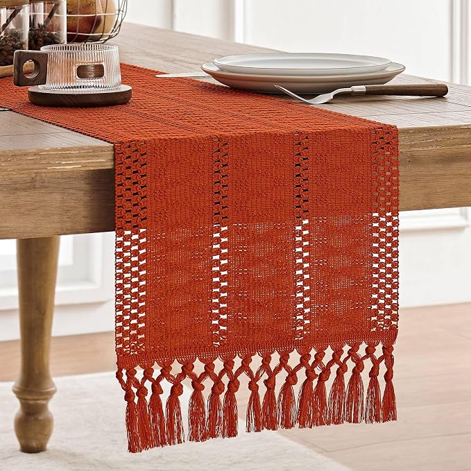 Macrame Style Boho Table Runner, 12x90 Inch Dark Orange | Woven Boho Table by ZEEMARTONLINE