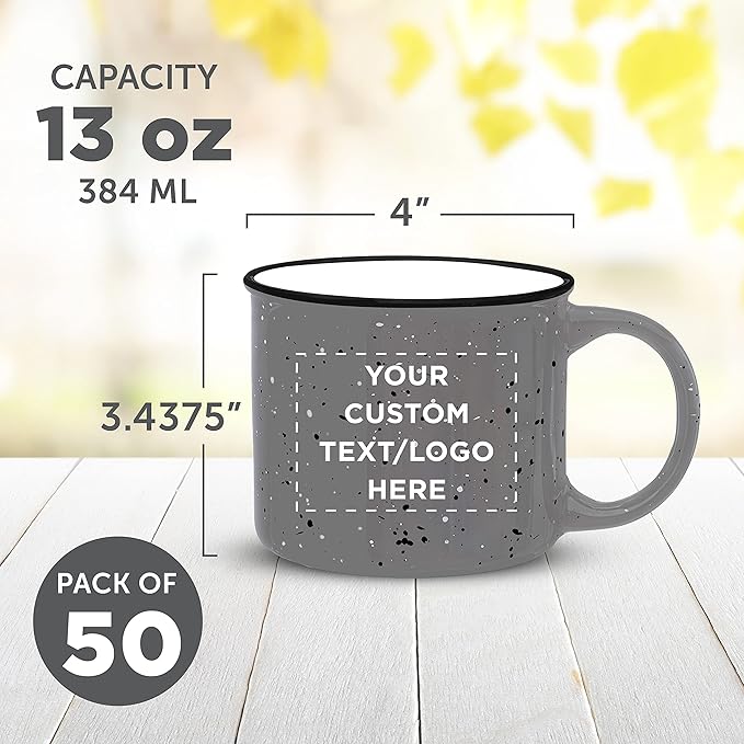 DISCOUNT PROMOS Custom Ceramic Campfire Coffee Mugs 13 oz. Set of 50, Personalized Bulk Pack - Perfect for Tea, Espresso, Cappuccino, Hot Cocoa - Grey