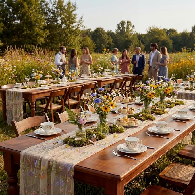 Champagne Floral Table Runner 10ft Embroidery Tulle Spring Wildflower Table - Image 7