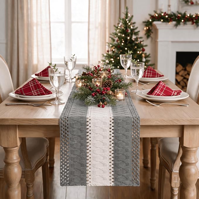 Artoid Mode Grey Farmhouse Woven Table Runner 12x60 Inch | Seasonal Holiday - Image 2