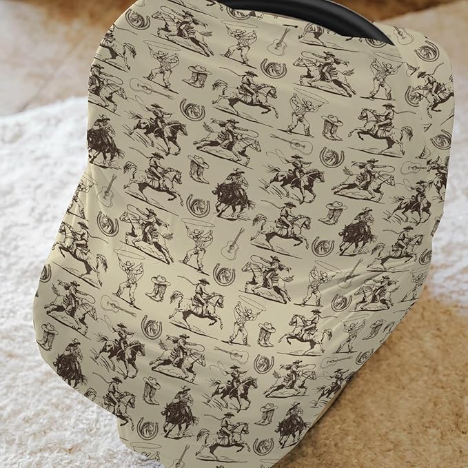 Vintage Cowboy Car Seat Cover for Baby Western Horses Boots Hats Guitar Stretchy 5-in-1 Covers Adjustable Car Canopy Breastfeeding Cover Country Western Breathable Nursing Cover-Up