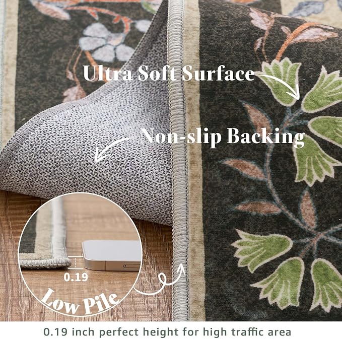 jinchan Zenith Floral Runner Rug 3x8 Washable Kitchen Runner Non-Slip Low-Pile - Image 5