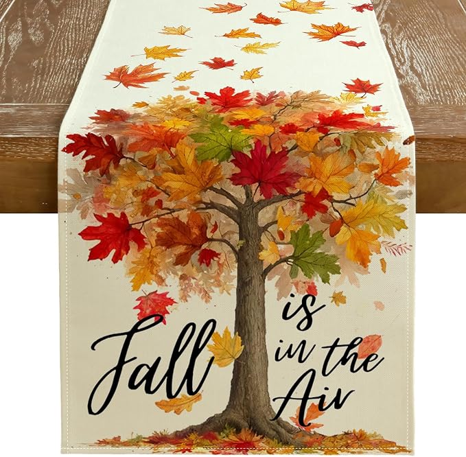 Fall Table Runner 13 x 60 Inch, Maple Leaves Autumn Farmhouse Decor by GEEORY