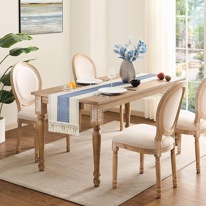 Macrame Style Bicolor Stitching Table Runner 14x90in Blue | Woven Boho Table - Image 3
