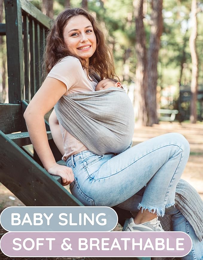 Ring Sling Baby Carrier – Breathable 100% Cotton Wrap for Infant Support, Baby Ring Sling – Grey Adjustable Muslin Fabric