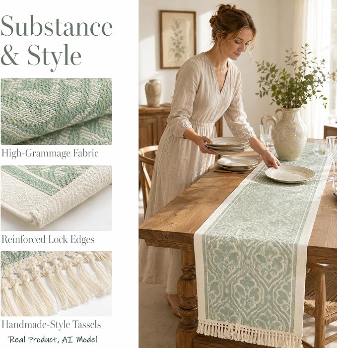 14x107 Botanical Table Runner Waterproof Floral Vine Boho Tassels | Planning a - Image 3