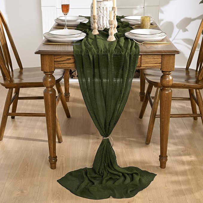 Artoid Mode Boho Cheesecloth Gauze Olive Green Wedding Table Runner, 160 Inch - Image 2