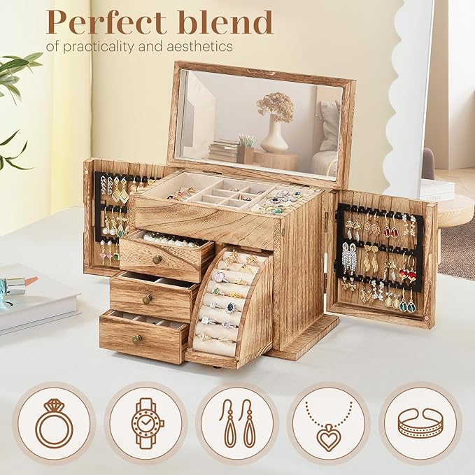 Jewelry Box Organizer, Solid Wood Jewelry Boxes fow Women with Mirror, Double Layer Jewelry Organizer Box Display Earring Necklace Bracelet Ring, Rustic Style Small Jewelry Box for Girls