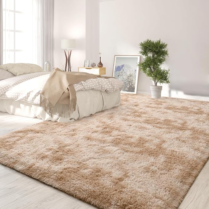 FlyDOIT Large Area Rugs for Living Room, 4x6 Feet Tie-Dyed Beige Shaggy Rug - Image 3