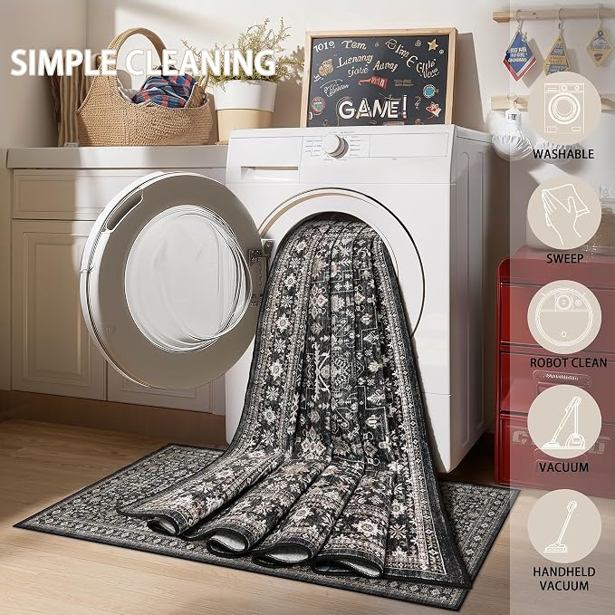 Dark Grey Living Room Rug 5x7, Washable Dark Vintage Moody Low Pile Non Slip - Image 7