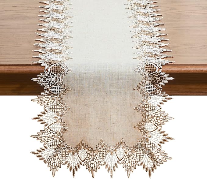 Natural Linen Table Runner 60 inches Beige Lace Coffee Table Runners | French by Raedan