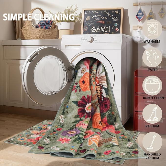 Green Area Rugs 10x14 for Living Room, Non Slip Machine Washable Floral Rugs - Image 4