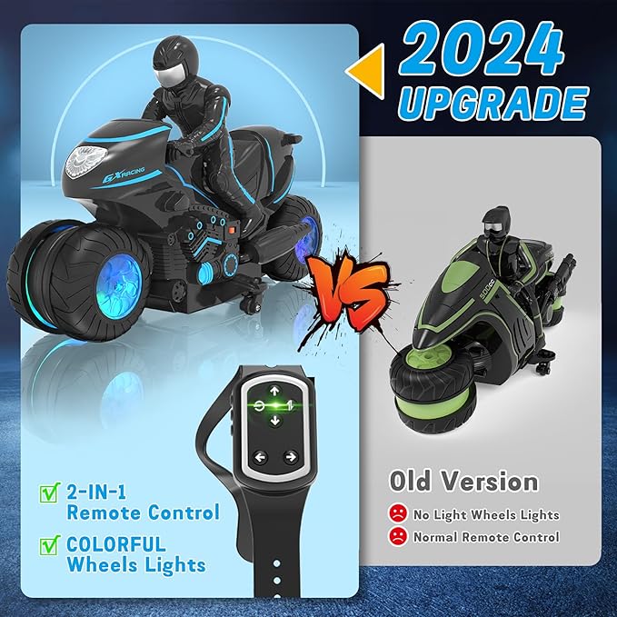 Eulogia Remote Control Motorcycle Toys New Upgraded RGB Wheels Lights, RC Motorbike with 2-in-1 Remote, Gesture Sensing Stunts Dirt Bike, 360° Rotating High Speed Motocross Car for Boys Girls Gift