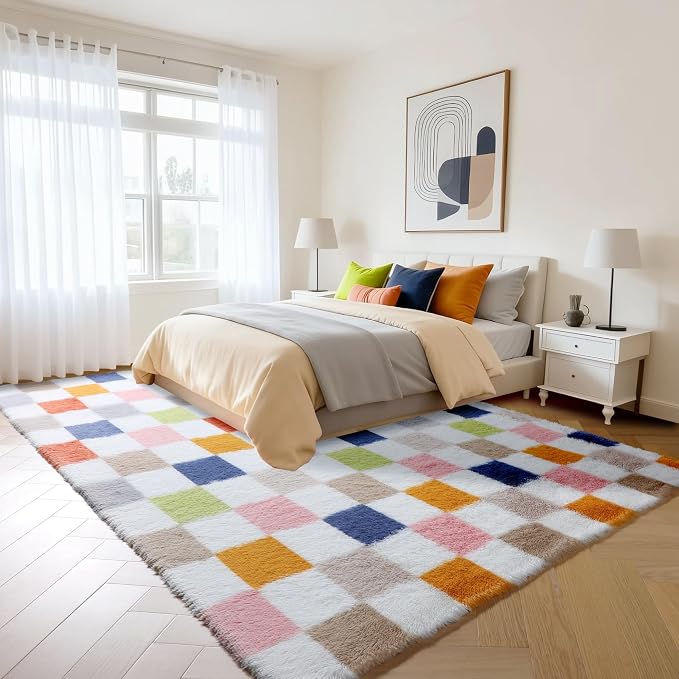 KICMOR Large Area Rugs 8x10 for Living Room, Fluffy Soft Rainbow Checkered Shag - Image 3