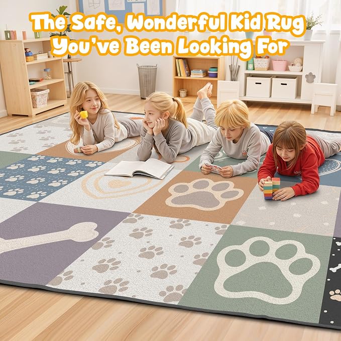 Preschool Classroom Rug 4x6, Paw Print Low Pile Kids Area Rug - Image 6