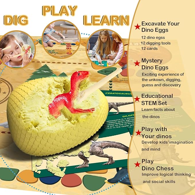 Dino Fossil Eggs Dinosaur Toys - 12 Dinosaur Eggs Dig Excavation Kit w Play Mat for Kids Ages 5-7 Easter Basket Essentials STEM Toy Christmas Birthday Gift for Boys Girls 3 4 5 6 7 8 + 8-13 Years Old