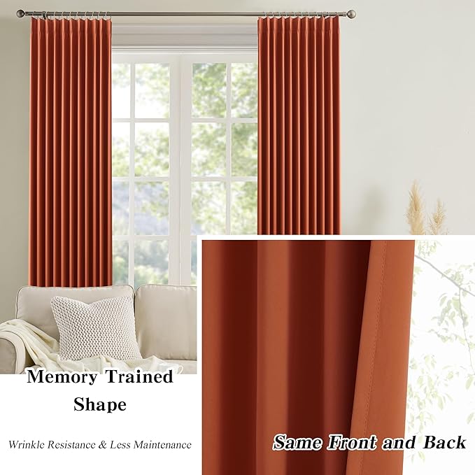 KEQIAOSUOCAI 96 Inch Copper Burnt Orange Blackout Curtains for Living Room 2 Panels Sets,Pinch Pleat with Hooks, Thermal Pleated Window Drapes Boho Rustic 70s Curtain for Bedroom W40 x L96