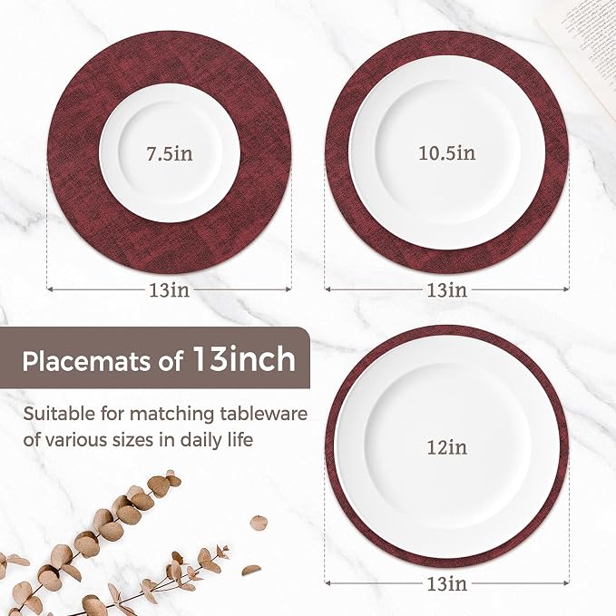 13"Round Placemats Set of 8, Reversible Faux Leather Heat Resistant Table Mats - Image 2