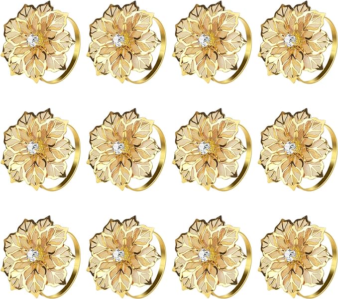 KPOSIYA Set of 20 Napkin Rings, Metal Gold Hollow Out Flower Napkin Ring Holder by KPOSIYA