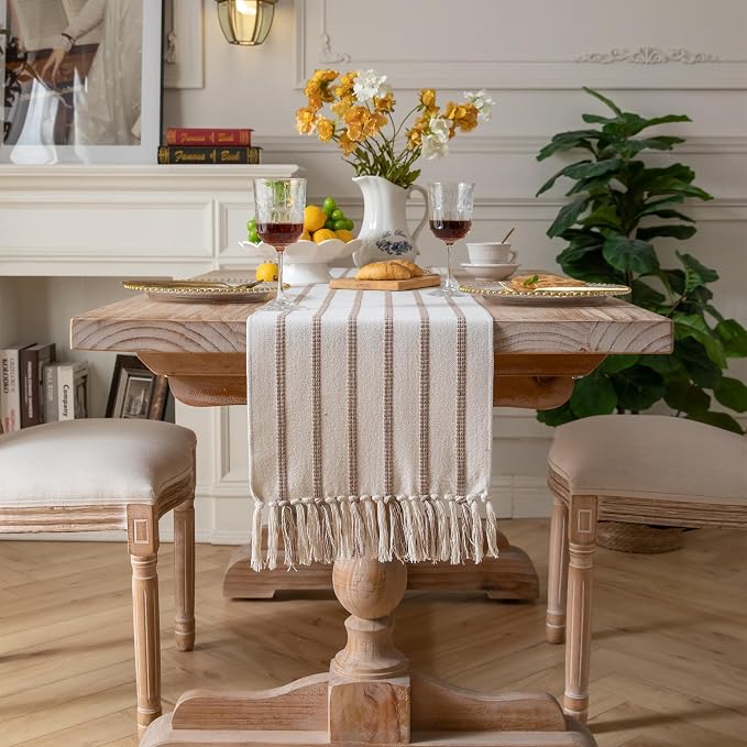 Caflife Boho Table Runner 90 Inchs Long Taupe and Beige, Cotton and Linen Woven - Image 7