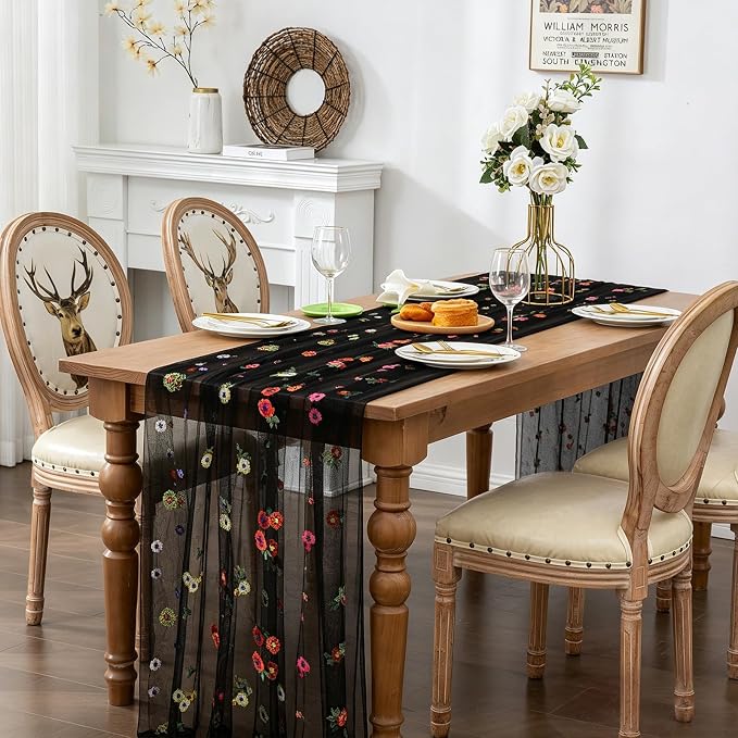 BINBE 1pcs Black Daisy Spring Table Runner Embroidery Gauze 10FT Florals - Image 4