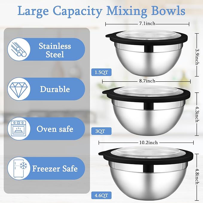 LIANYU Mixing Bowls Sets of 3, Stainless Steel Metal Bowl - Image 2