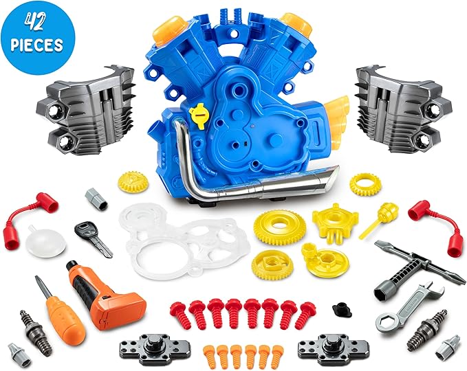 Engine Building Kit, Kids Mechanic Repair Set for Kids Motorcycle Engine，Take Apart Toys-42pc Playset，STEM Engine Model Kit Toy with Cool Lights&Sounds，Educational Toys for 3+ Year Old (Blue)