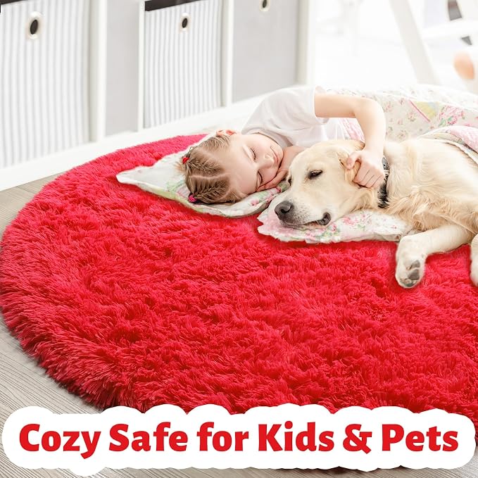 Amdrebio Red Round Rug 5Ft for Boys Bedroom, Fluffy Fuzzy Circle Area Rugs for - Image 4