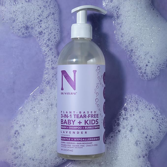 Dr. Natural 3-in-1 Tear-Free Baby Plus Kids Soap - Head-to-Toe Soap and Shampoo - Sensitive Skin Moisturizing Body Wash - Lavender - 16 oz