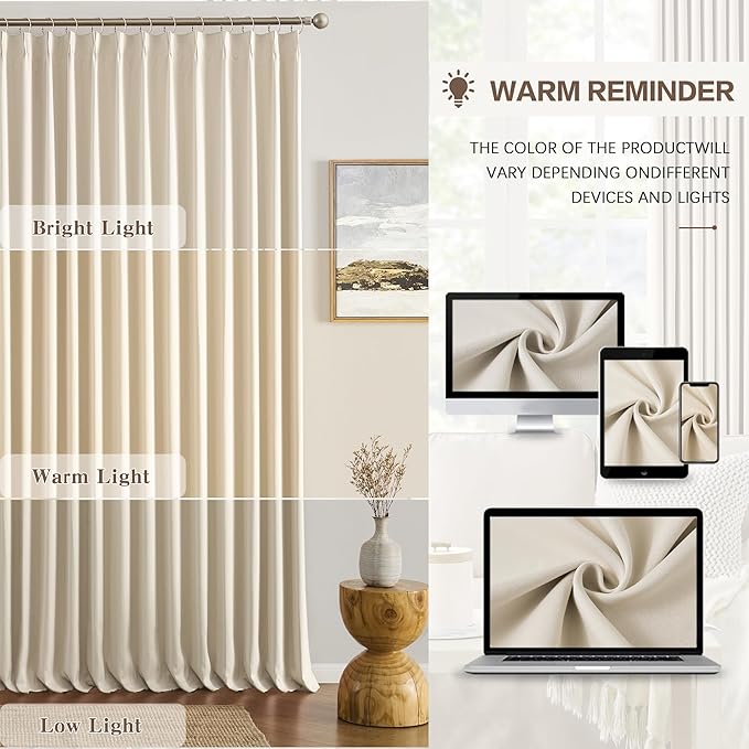 KEQIAOSUOCAI Pinch Pleated Cream Beige Curtains 120 Inches Long for Living Room 2 Panels Set Ceiling Mount Track Drapes Ceiling Floor 118 inch-122 inch Window Curtains Bedroom 40 by 120,10 ft