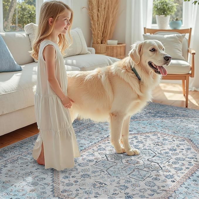 DCX Machine Washable Blue and Beige Area Rug 4x6, Non Slip Stain Resistant - Image 4