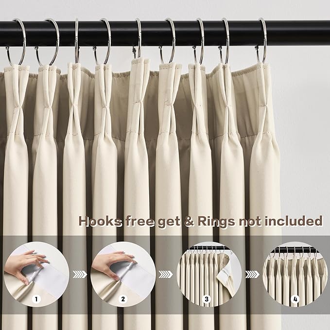 KEQIAOSUOCAI Pleated Blackout Curtains 95 inch Length - Solid Memory Pleated Drapes Light Reducing Ceiling Floor Panels for Living Room Bedroom Window (Cream Beige, 2 Panels,60 by 95)