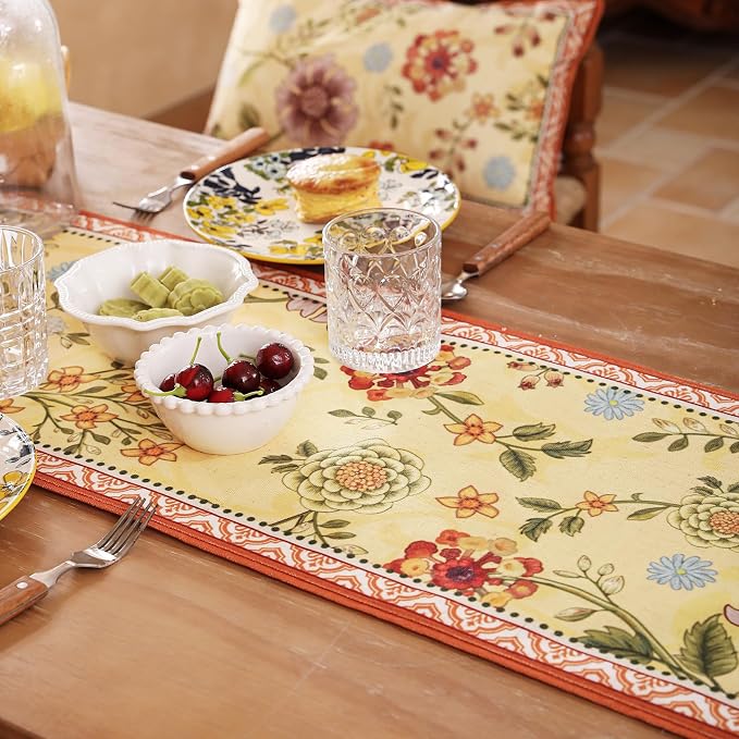 bilin gaier Designer French Linen Small Table Runner, Floral Pattern, Dining - Image 3
