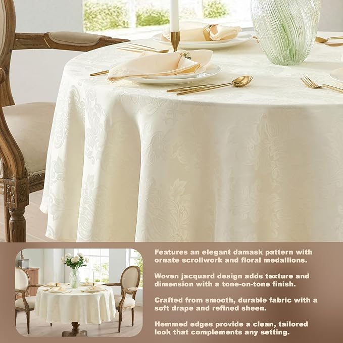 Newbridge Barcelona Luxury Damask Fabric Tablecloth, 90” Round, Antique White - Image 3