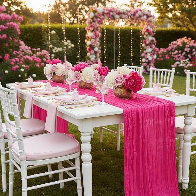 1 Pack Hot Pink Cheesecloth Table Runner 120 Inch Boho Wedding Decor | - Image 7