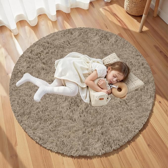 Gray Camel Round Fluffy Rug 6ft, Soft Bedroom Circle Rugs Mats - Image 5