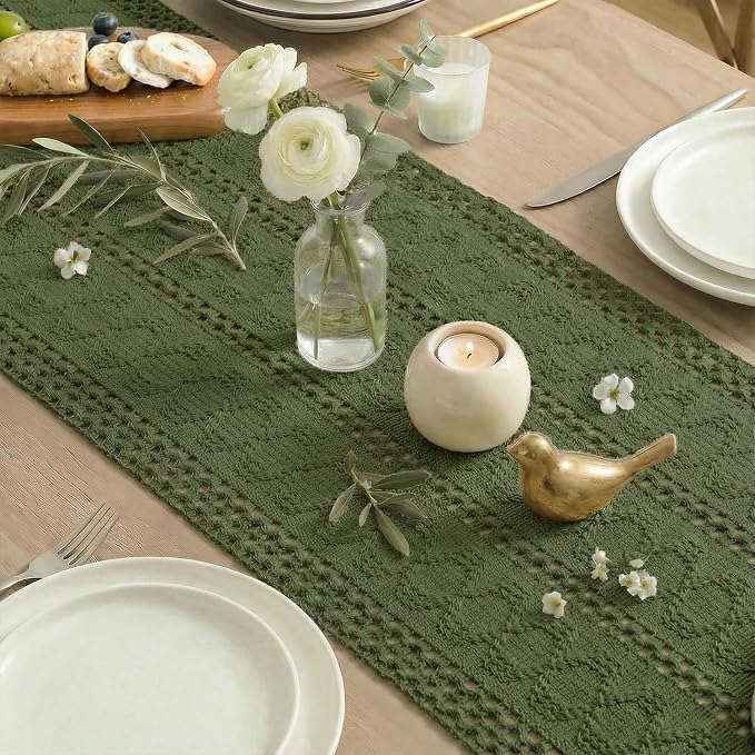 Artoid Mode Army Green Woven Farmhouse Hollow Table Runner 12x90 Inch | Holiday - Image 6