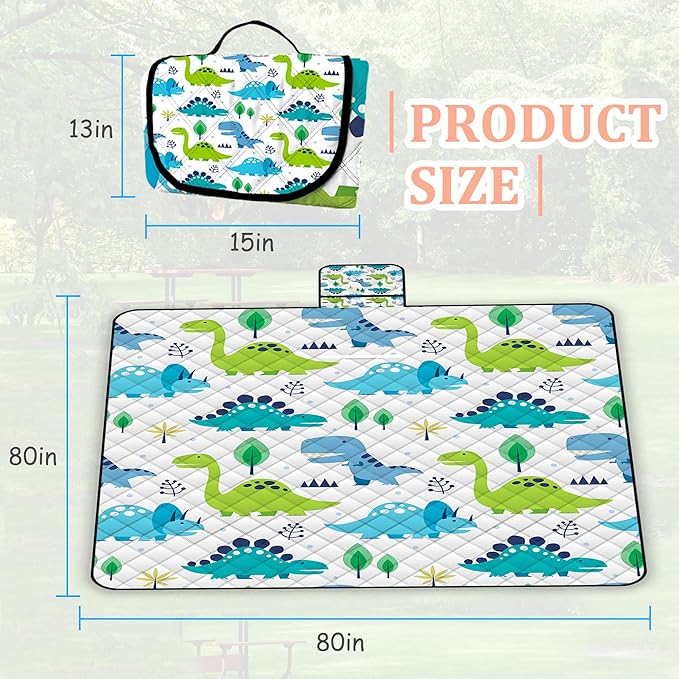 Extra Large Picnic Blanket Waterproof,80"x 80"Foldable Machine Washable Beach Blanket,Outdoor Blanket for 6-8 Adults,Picnic Mat Suitable for Indoor Crawling,Park Beach,Camping,Hiking,Travel(Dinosaur)