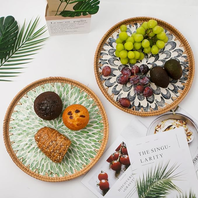 Round Rattan Tray with Mother of Pearl Inlay, Wooden Base | Coffee Table - Image 2