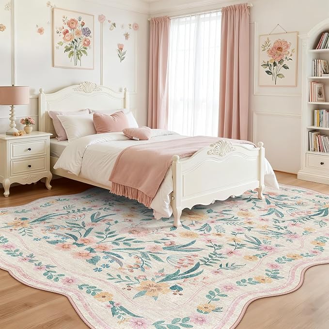 Scalloped Pink Floral Rug 6x9, Washable Soft Faux Wool Area Rug - Image 2