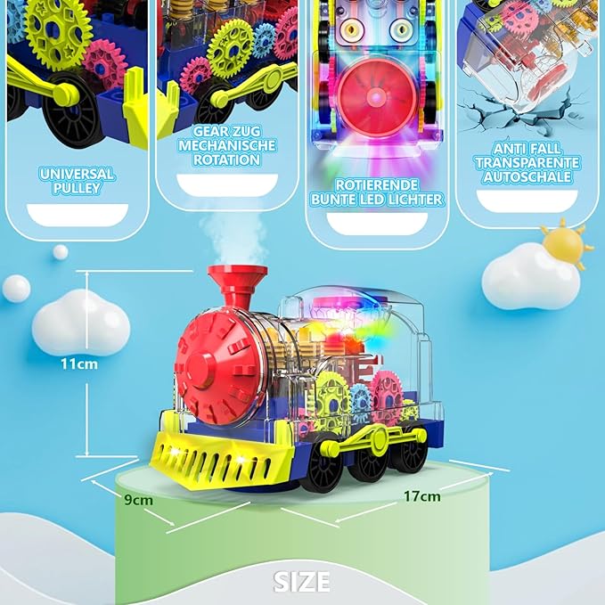 Kizeefun Light Up Train Toy for Toddlers: Transparent Gear Car Toy for Kids with Cool Light and Music Educational Crawling Toys for Baby Boys and Girls