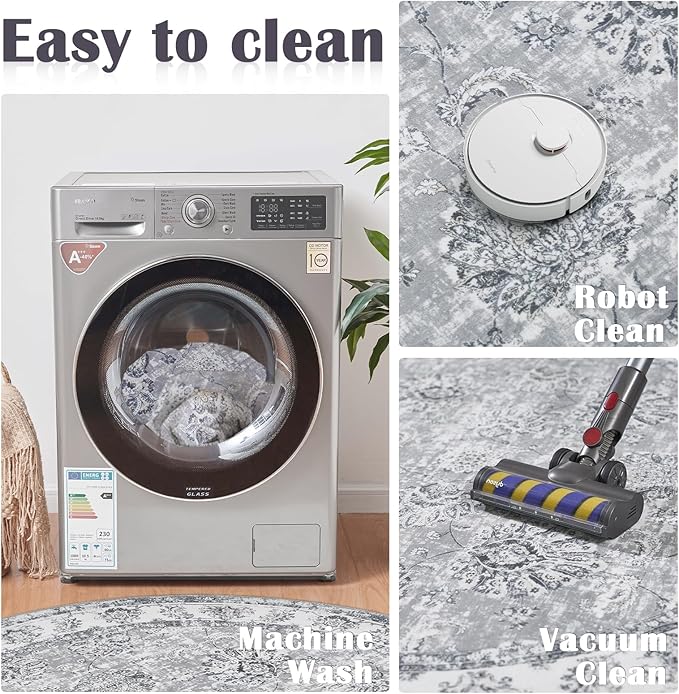 jinchan Round Rug 5ft Area Rug - Indoor Vintage Hallway Circle 5' Washable - Ultra-Thin Low Pile Soft Small Non Slip Distressed Floral Print for Living Room Dining Room Bedroom Entryway Grey