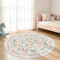 Pink Floral Round Rug 5ft, Washable Boho Circle Area Rug by Dadasgk