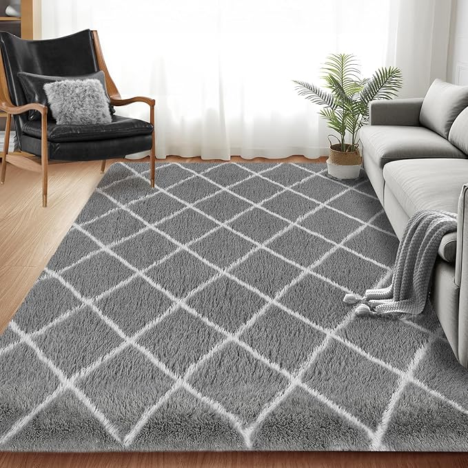 Fluffy Rug for Bedroom, 6X9Feet Stripe Checkered Rug Anti-Skid High Pile for Living Room Bedroom Kids Room Nursery, Dorm Home Decor