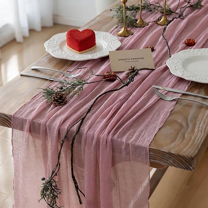 3Pcs Dusty Rose Cheesecloth Table Runner 120 Inches by KEKETOARRANGE