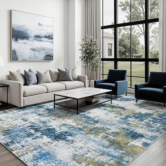 Area Rug 9x12 Living Room Rug Washable: No-Slip Abstract Soft Thin Large Blue - Image 4