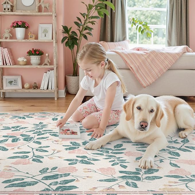 DCX Pink Botanical 5x5 Rug, Machine Washable Non Slip Stain Resistant Carpet - Image 4