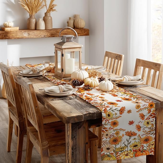 Fall Pumpkins and Sunflowers Table Runner 13x108 Inch, Maple Leaves Farmhouse - Image 6